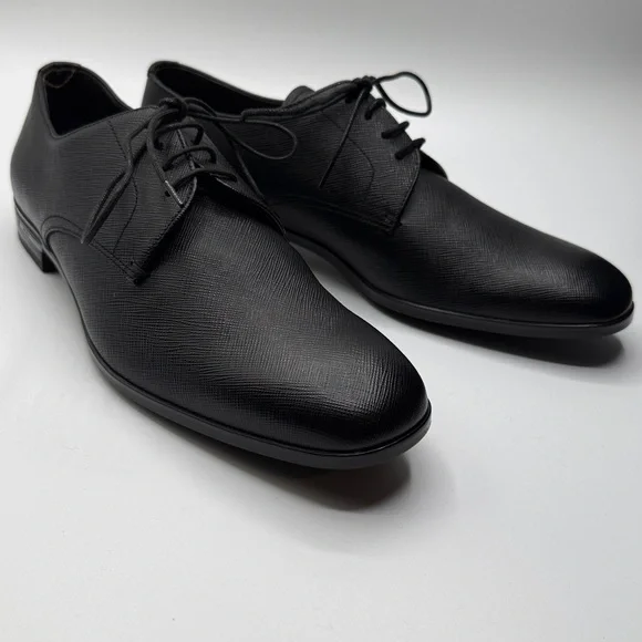 Prada Men's Black Textured Leather Plain Toe Derby Shoes Size 7 - Picture 8 of 10